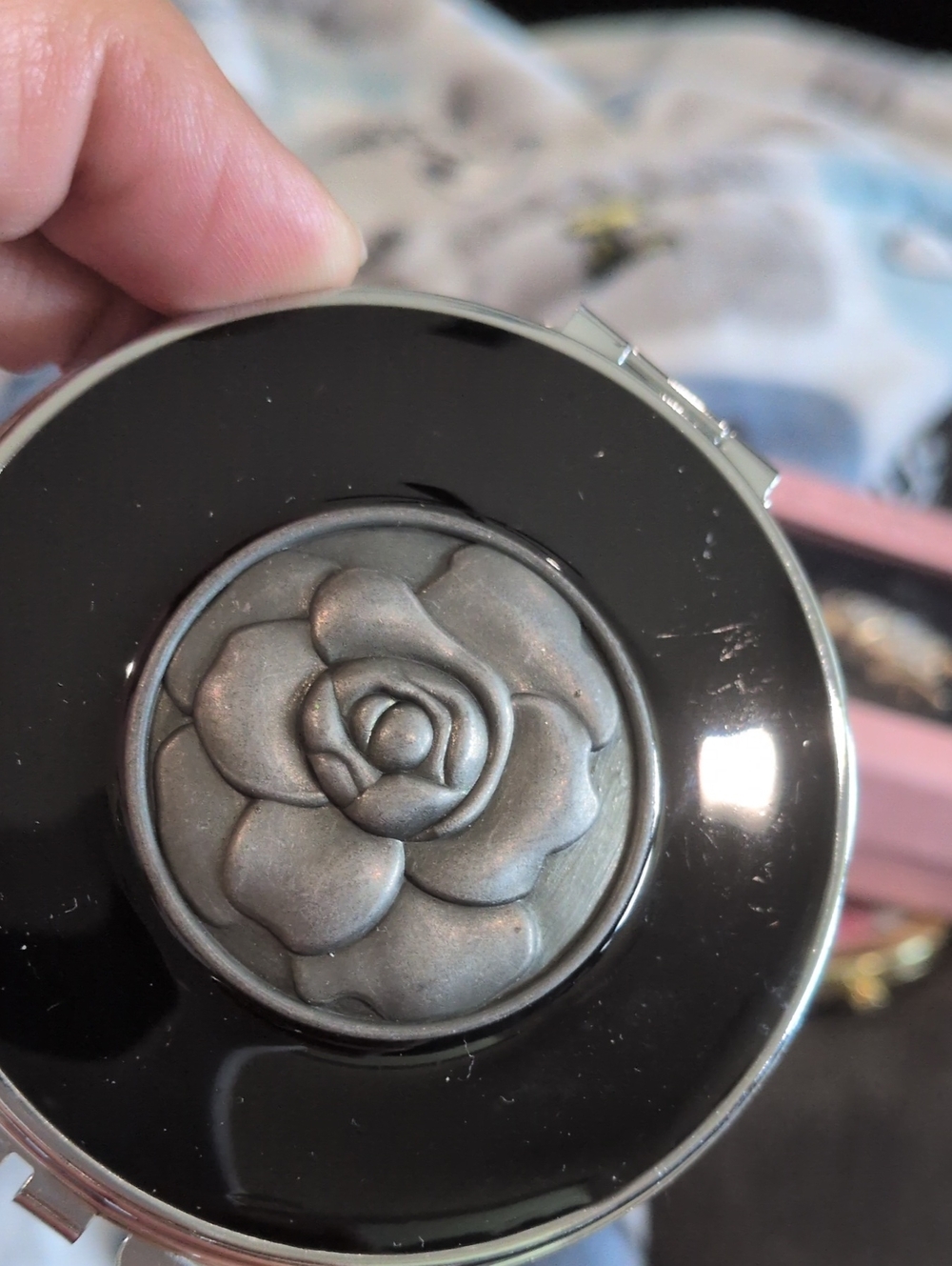 Black Compact Mirror with Silver Rose Accent - Women Other
